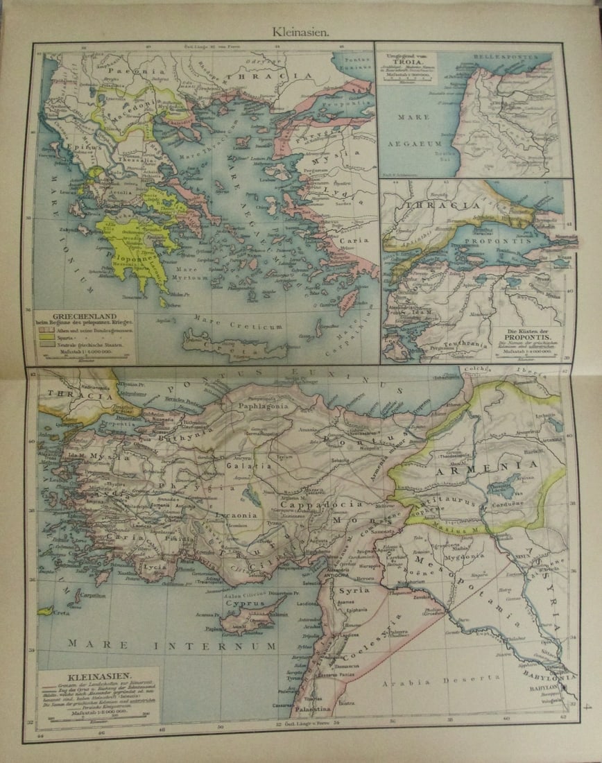 Asia Minor Greece Start of the Peloponnesian War: Asia Minor Greece at the Start of the Peloponnesian War Colored map with inset of Jerusalem. Text in German Dated: 19th/early 20th century Type: Lithograph<