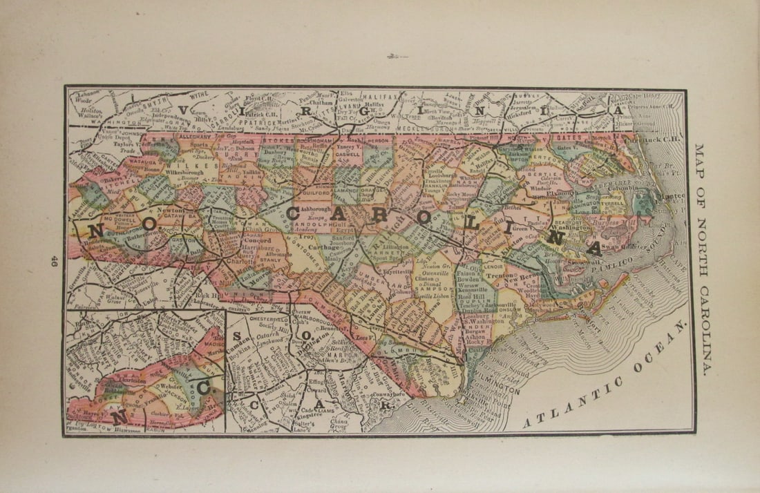 Map of North Carolina: Map of North Carolina Color Map Dated: 19th century Dimensions: 10 x 6 1/2" Condition Report Good. Text on verso. Subject References: