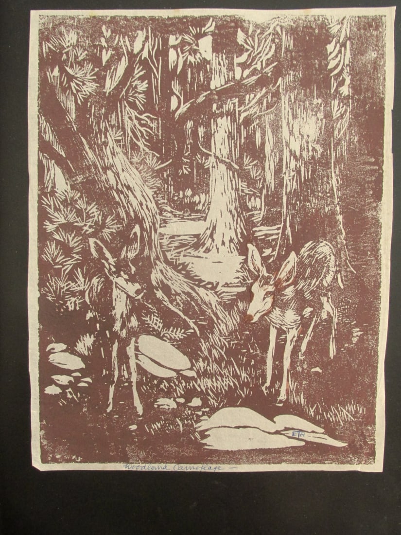Eleanor Royce Towner (American Illustrator): Eleanor Royce Towner (American Book Illustrator & Muralist) Woodland Camoflage New York - Orange County Artist: Eleanor Royce Towner Print Type: Woodbl