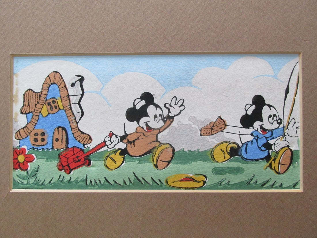 Disney Mickey Mouse & Minnie Mouse Gouache: Disney Mickey Mouse & Minnie Mouse Gouache Matted. Not removed from matting Medium: Watercolor Gouache Signed: Unknown Size: 7 x 3 1/2" Frame: Unframed Provenance: Hill House Subject: Walt Disney