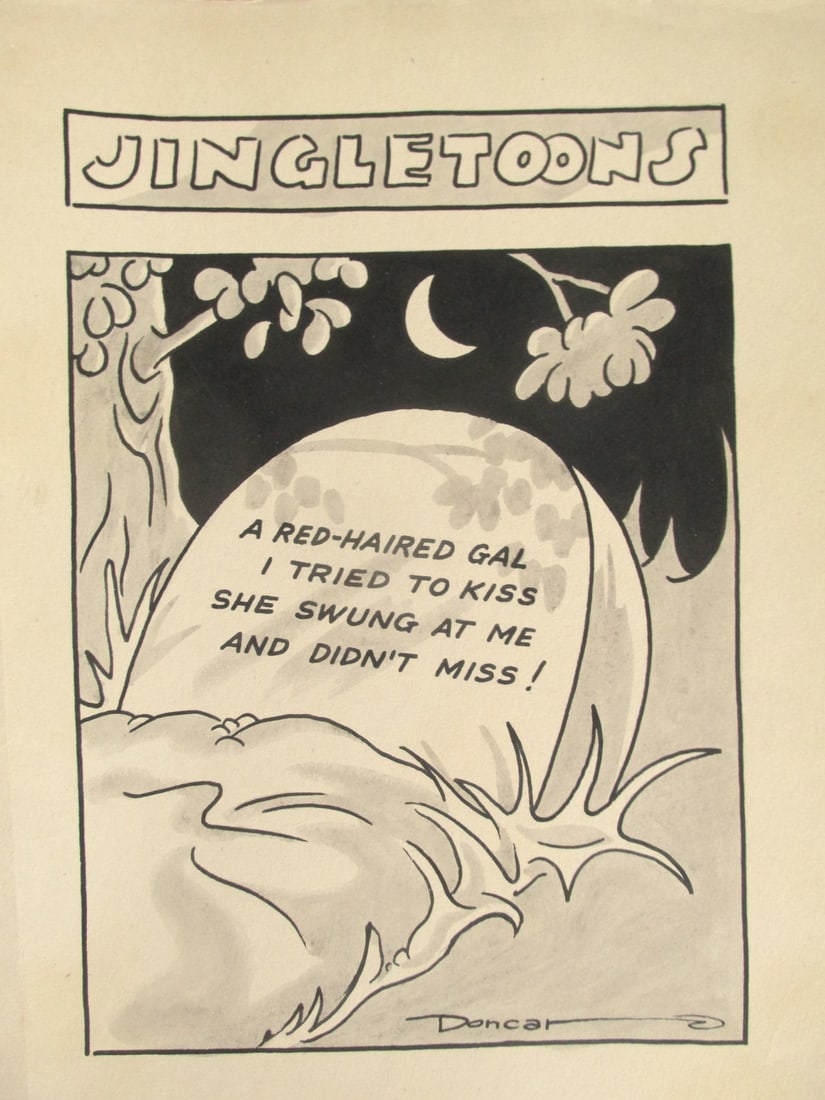 Original Jingletoons -Red Haired Gal - Doncar: Original Jingletoon Red Haired GalOur research indicates that this cartoon was a collaboration between Patrick Leo Donahoe & Joseph Carroll. Thus the pen name "Doncar". Artis