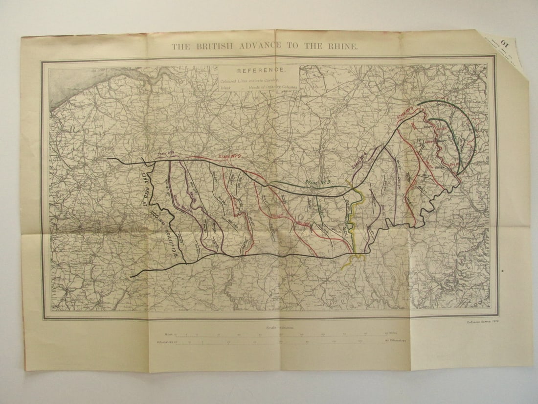 The British Advance to the Rhine - World War I Map: The British Advance to the Rhine World War I One. Linen backed. Map 10 - Ordnance Survey Infantry and Cavalry - Large Map with Scale Publisher British Dated: 1919 Type: Colored Miltary Movements