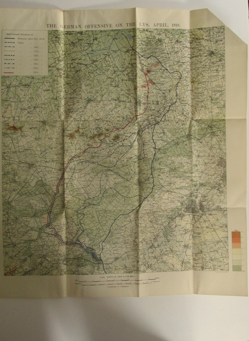 The German Offensive on the Lys - April 1918 Map: The German Offensive on the Lys - April 1918 World War I One. Linen backed. Map 7 - Ordnance Survey - Large Map with Scale Publisher British Dated: 1919