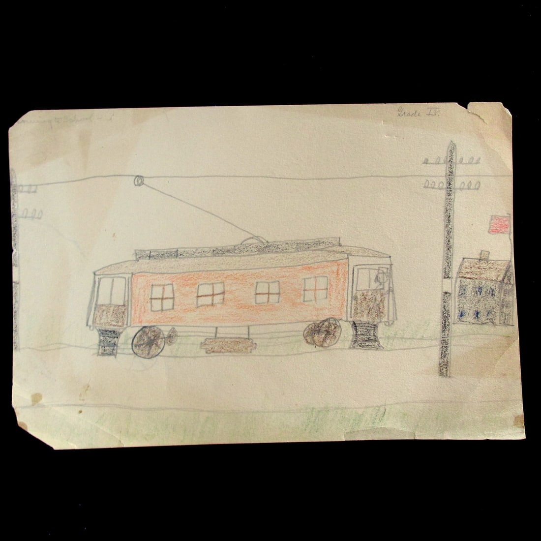 School Child Art - The Trolley: School Child Art - The Trolley Car Naive School Room Art of an Electric Trolley Car. Possibly The Holyoke Street Railway Medium: Crayon and Pencil Date: circa 1930 - 1940's Size: 6 x 9" Subject:
