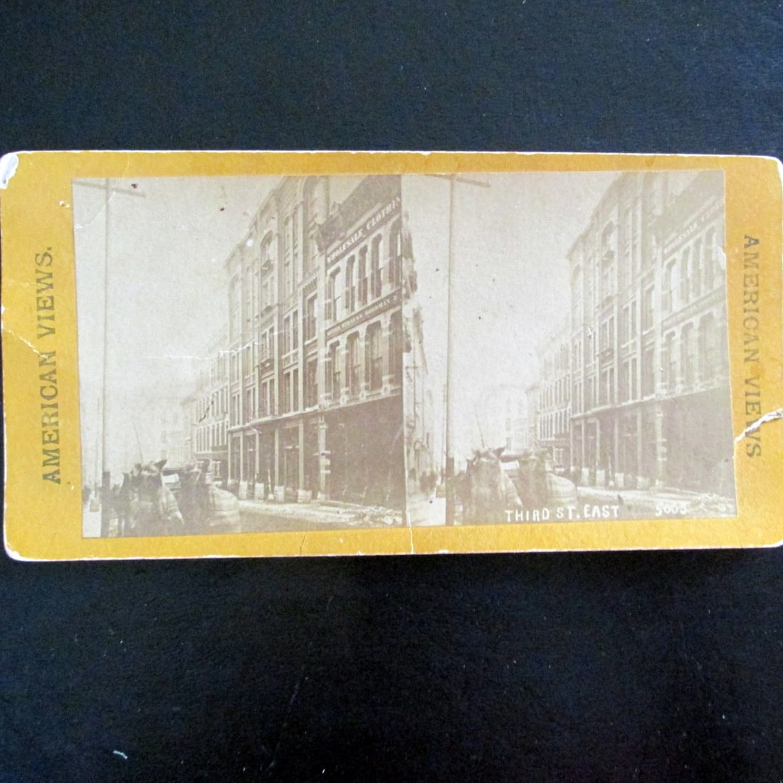 Third Street New York City - American Stereo View: Third Street East - New York City Stereoview Orange Stock. Rare. Date: 1861 - 1873 Size: Standard Provenance: Hill House Condition: Tear middle right edge. Normal wear. Good Subject References: