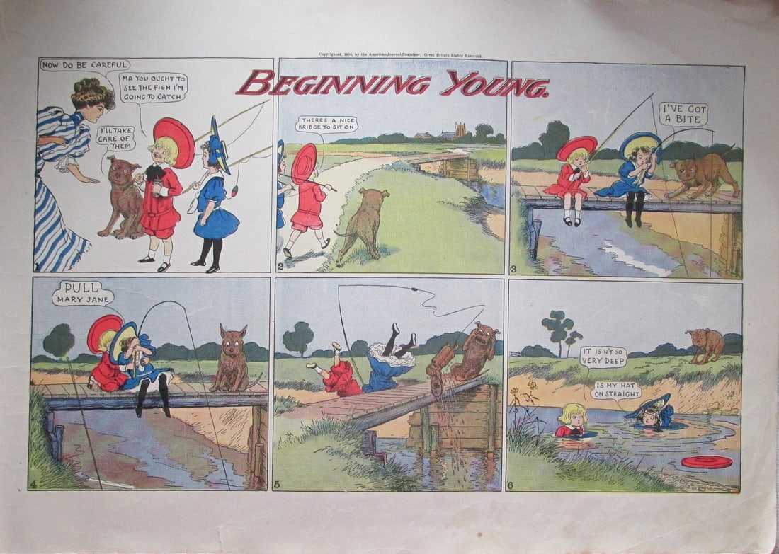 Buster Brown - Beginning Young: Buster Brown - Betinning Young Story in presented in blocks consisting of 2 pages. Verso is blank. Printed on stiffer paper (Not newspaper). Possibly tear sheets. Although p