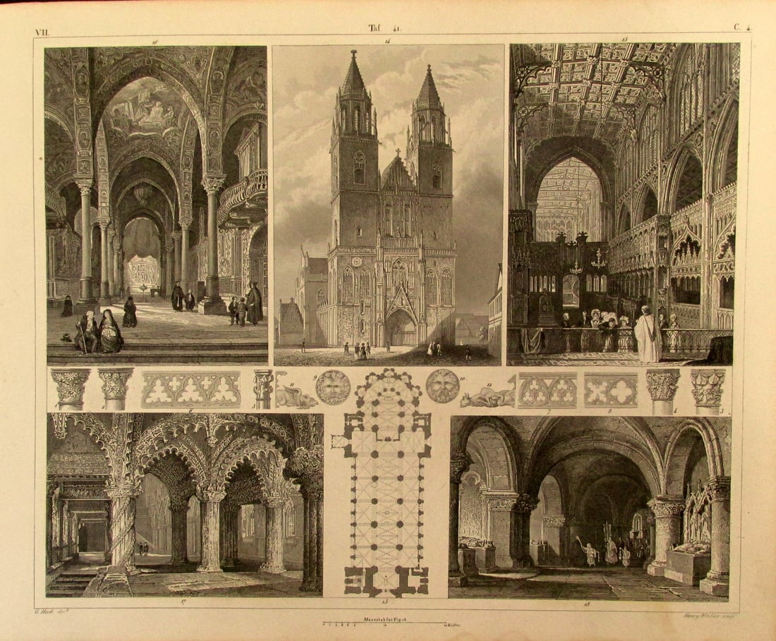 Details of Gothic Cathedrals and Abbeys: Scenes and Details of Gothic Cathedrals and Abbeys Extremely Rare Artist: J. G.Heck Print Type: Engraving Date: 1851 Dimensions: 9 x 11" Provenance: Hill House Subject: Architecture Architects 