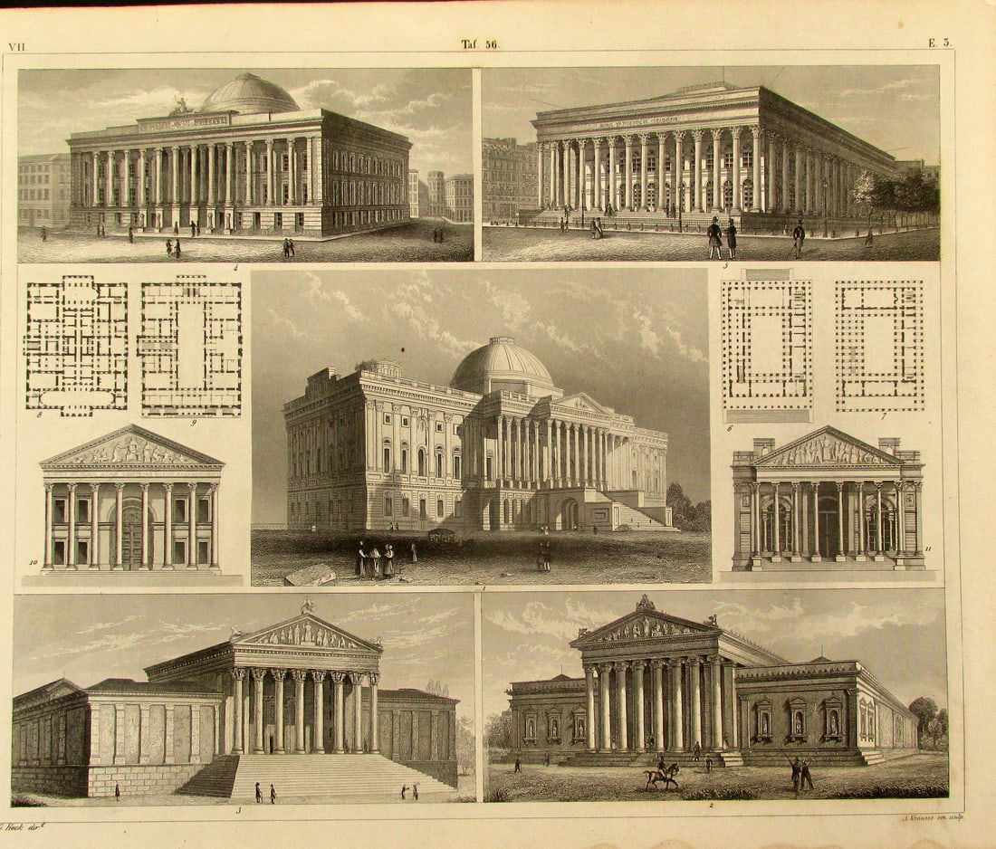 Public Buildings In The Neo-Classical Style: Public Buildings In The Neo-Classical Style Extremely Rare Artist: J. G.Heck Print Type: Engraving Date: 1851 Dimensions: 9 x 11"