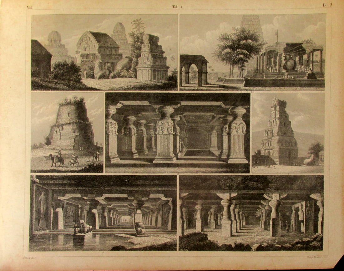 Ancient Indian Temples and Pagodas: Ancient Indian Temples and Pagodas Extremely Rare Artist: J. G.Heck Print Type: Engraving Date: 1851 Dimensions: 9 x 11" Provenanc