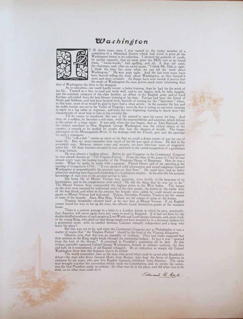 Tribute To President George Washington: Tribute To President George Washington by Edward Everett Hale D.D. Large Folio. With Color Side Remarks Print Type: Engraving Signed: In the Plate Dat