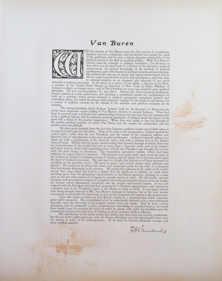 Tribute To President Martin Van Buren: Tribute To President Martin Van Buren by Frank A. Vander Lip, Assistant Secretary of the Treasury Large Folio. With Color Side Remarks Print Type: Engraving Sig