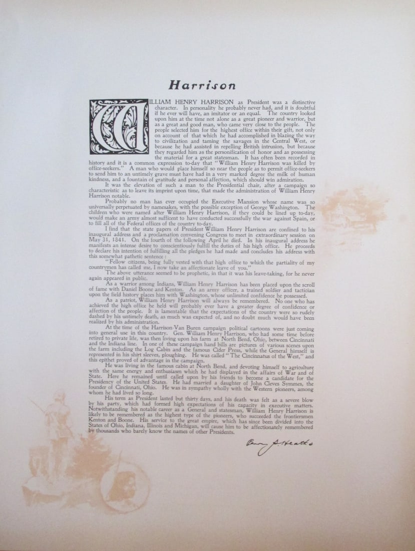 Tribute To President William Henry Harrison: Tribute To President William Henry Harrison by Perry S. Heath - Secretary Republican National Committee Large Folio. With Color Side Remarks Print Type: Engraving<