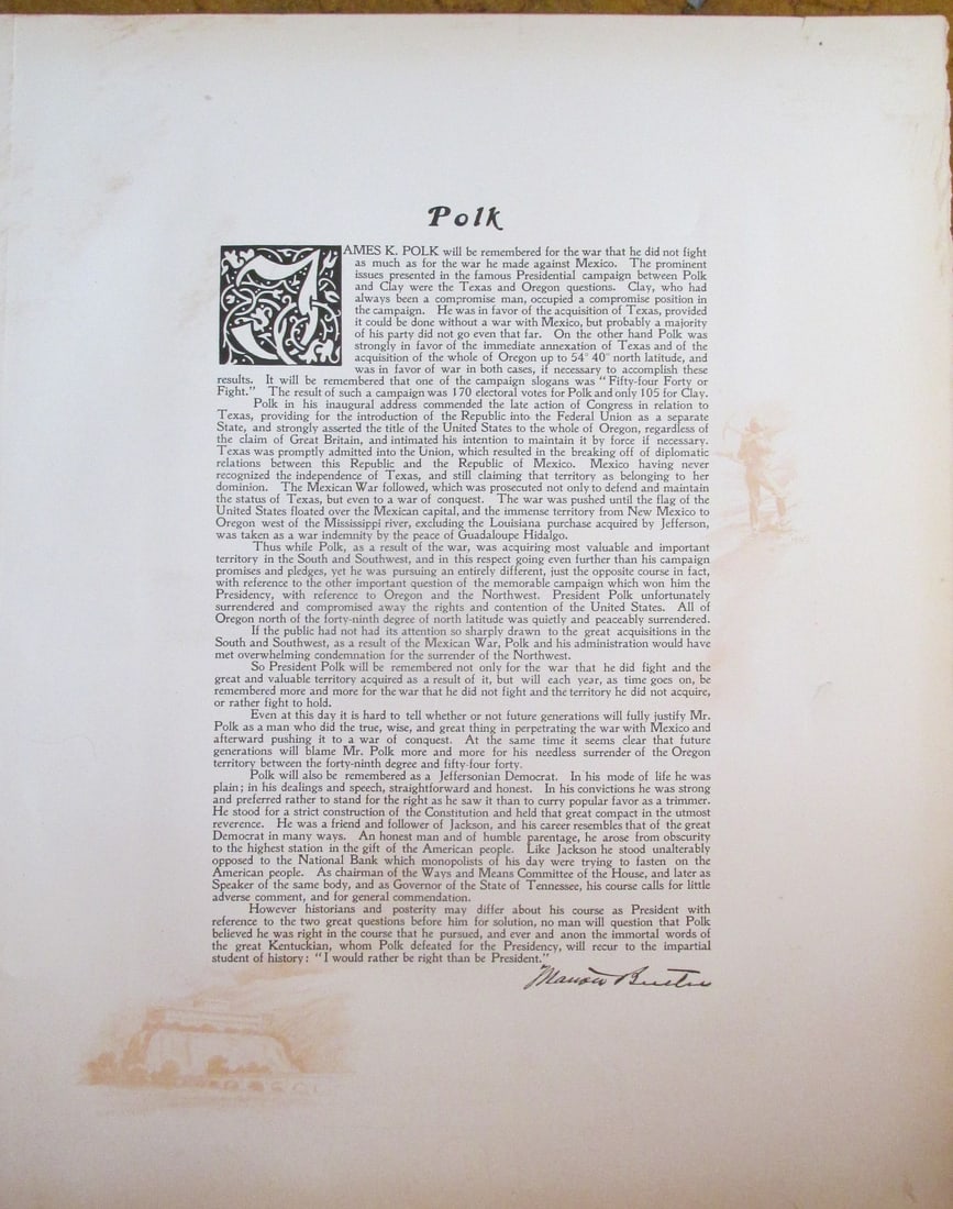 Tribute To President James K. Polk: Tribute To President James K. Polk by Marion Butler - US Senator from North Carolina Large Folio. With Color Side Remarks Print Type: Engraving Signed: In Pl
