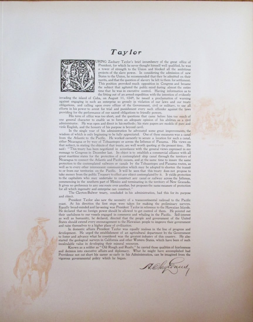 Tribute To President Zachary Taylor: Tribute To President Zachary Taylor by H. Clay Evans - Commissioner of Pensions Large Folio. With Color Side Remarks Print Type: Engraving Signed: In Plate</