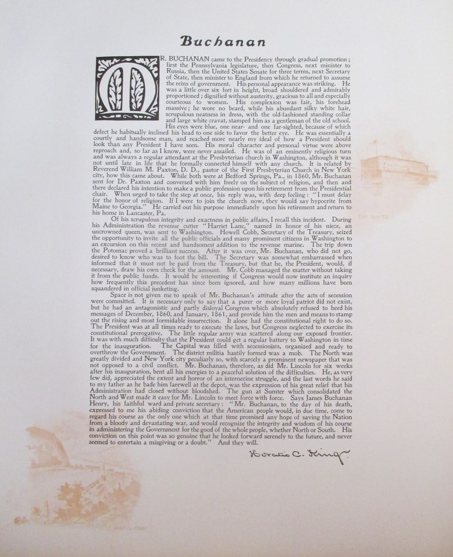 Tribute To President James Buchanan: Tribute To President James Buchanan by General Horatio C. King - Ex-Adj. General of New York Large Folio. With Color Side Remarks Print Type: Engraving Signed: