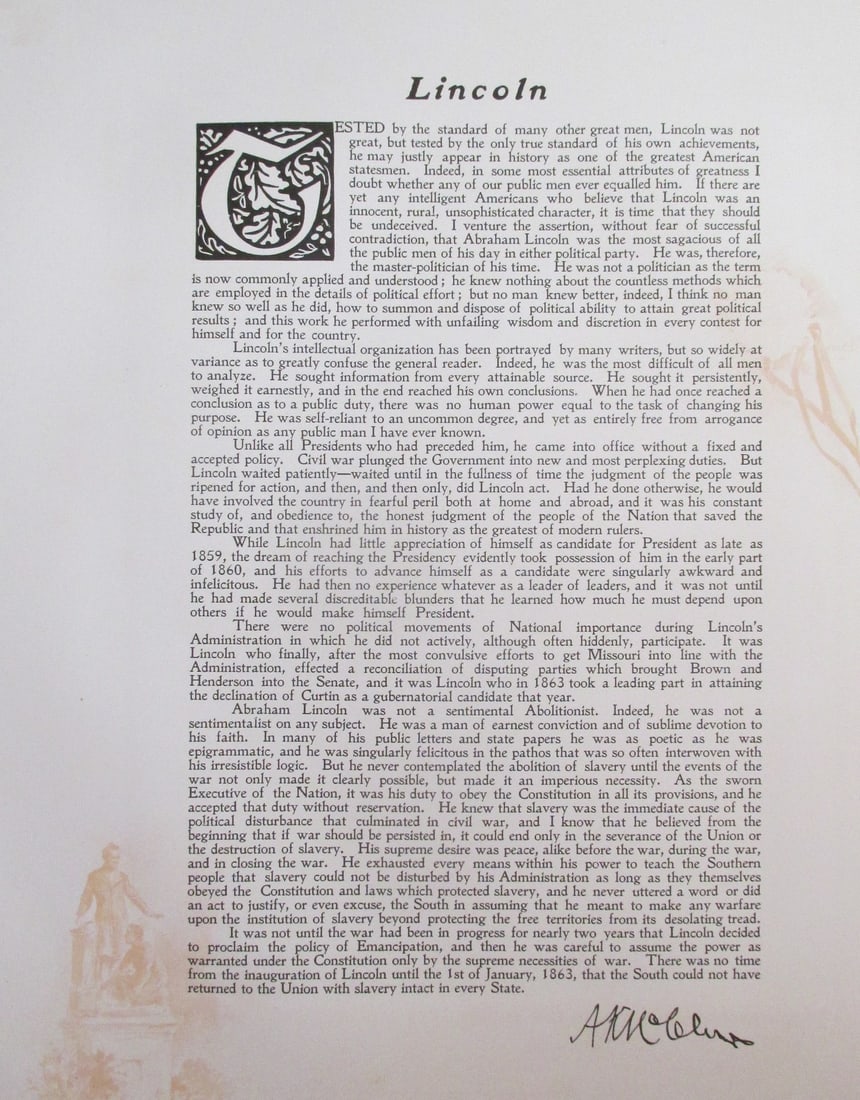 Tribute To President Abraham Lincoln: Tribute To President Abraham Lincoln by Col. A. K. McClure, Editor of the Philadelphia Times Large Folio. With Color Side Remarks Print Type: Engraving Signed: