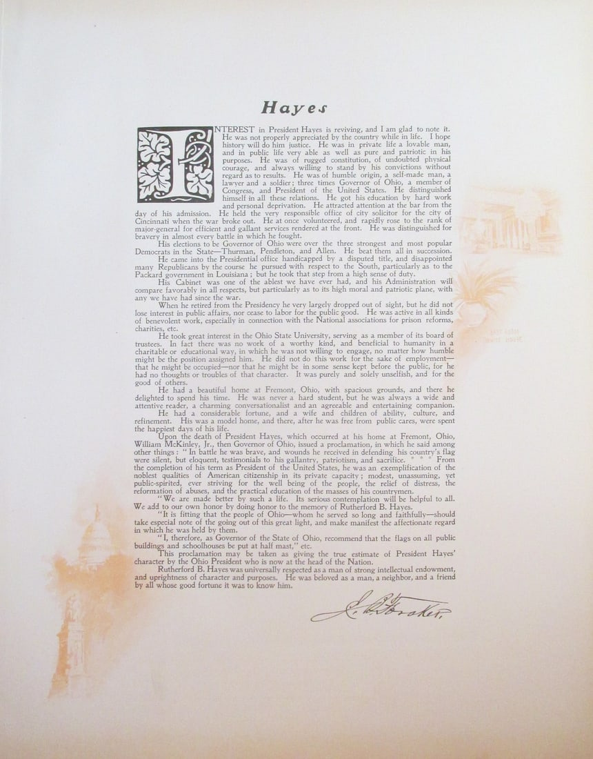 Tribute To President Rutherford B. Hayes: Tribute To President Rutherford B. Hayes by Joseph B. Foraker - US Senator from Ohio Large Folio. With Color Side Remarks Print Type: Engraving Signed: In P