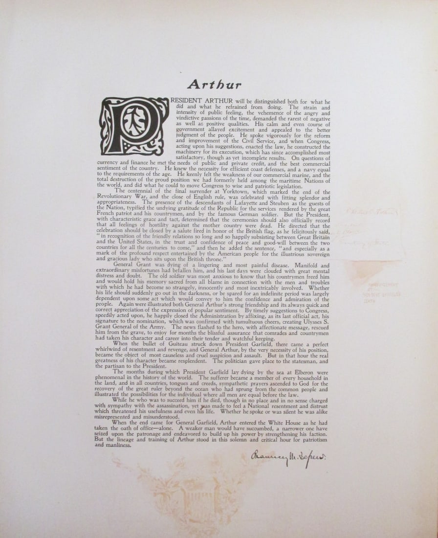 Tribute To President Chester A. Arthur: Tribute To President Chester A. Arthur by Chauncey M. Depew - US Senator From New York Large Folio. With Color Side Remarks Print Type: Engraving Signed: I