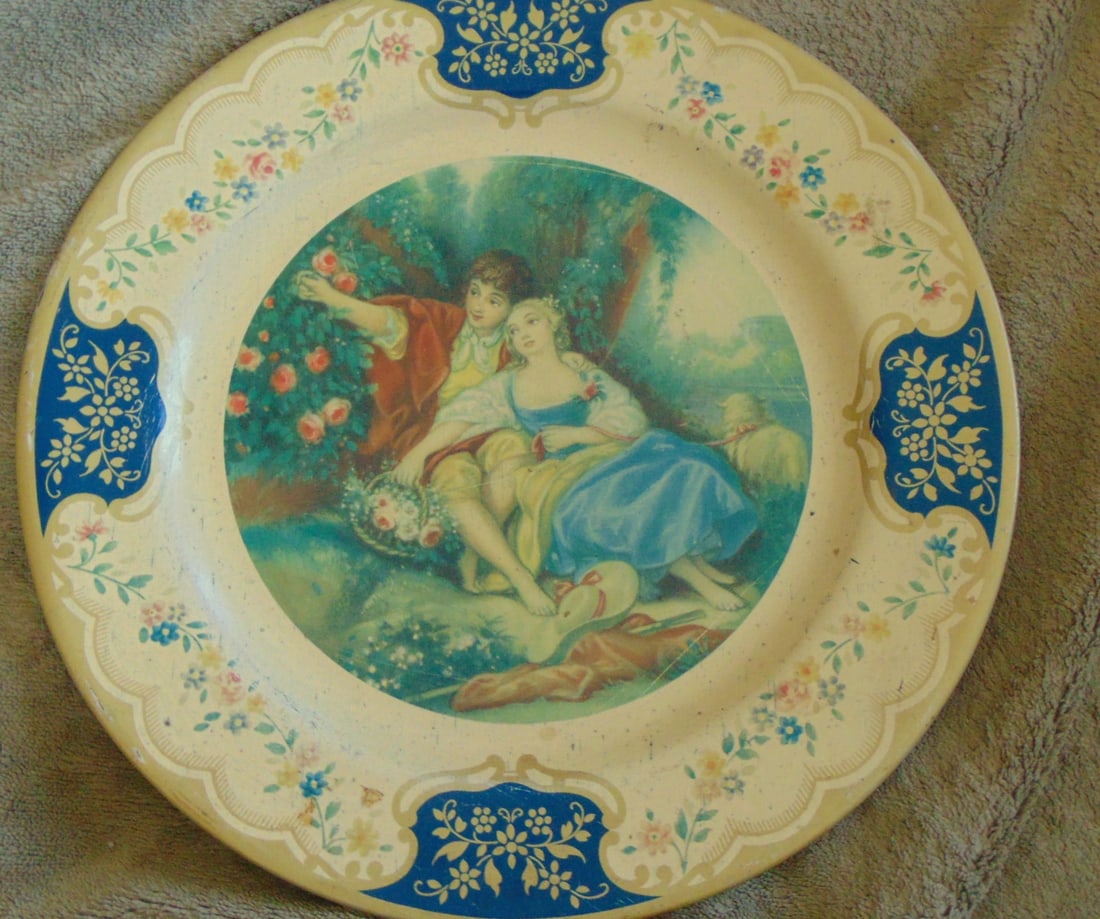 The Idyll - Baret War: The Idyll Lithographed Tin Plate Maker: Baret Ware Origin: England Date/Period: 1952 May Type: Toleware Dimensions: 10"