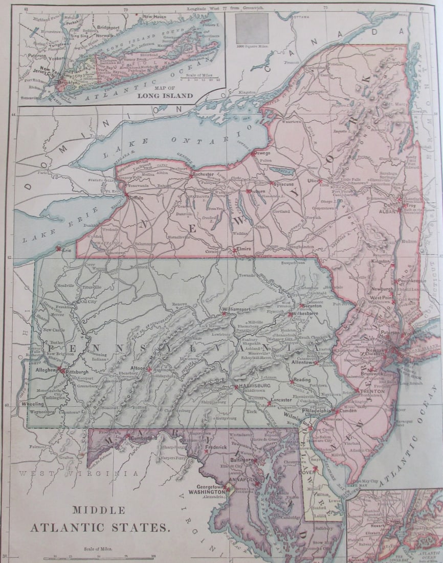 Map of the Middle Atlantic States: Middle Atlantic States Color Map. Publisher Harper Brothers Dated: 1888 Dimensions: 12 x 9" Condition Report Text on verso. Good Plus.