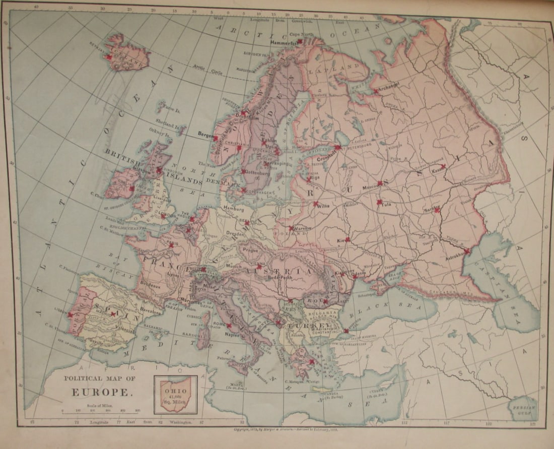 Political Map of Europe: Political Map of Europe Color Map. Publisher Harper Brothers Dated: 1888 Dimensions: 12 x 9" Condition Report Text on verso. Good Plus.<