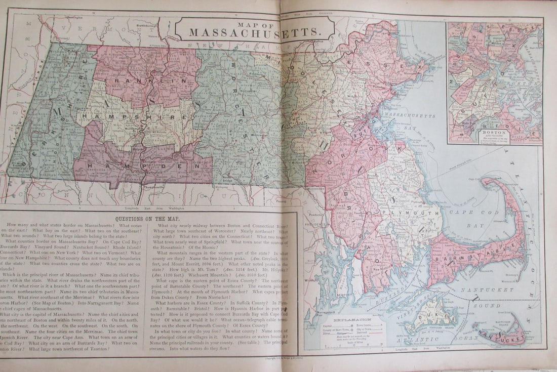 Map of Massachusetts & Boston 1889: Map of Massachusetts & Inset of Boston Color Map. Questions on the Map at base. Publisher Harper Brothers Dated: Circa 1888 Dimensions: 20 x 12"<