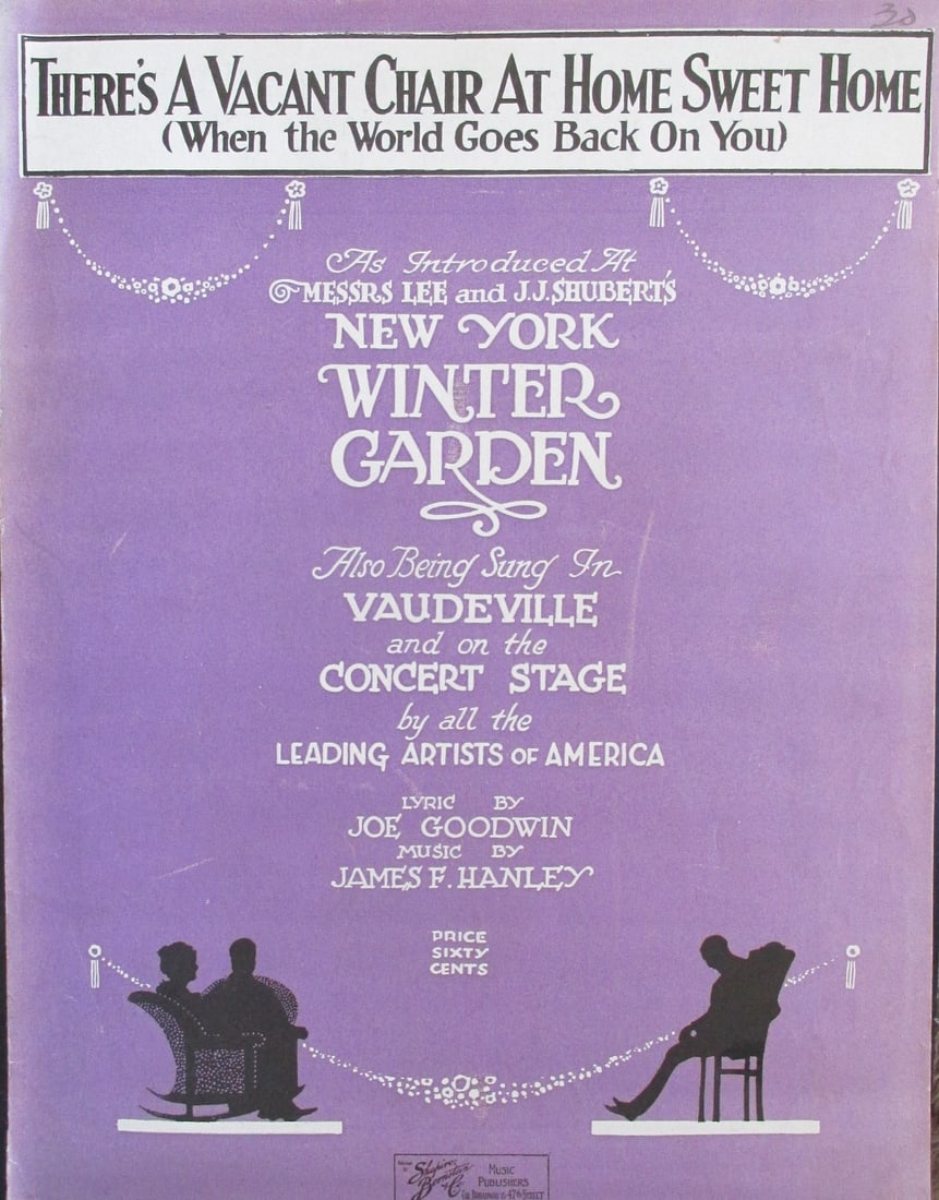 There's A Vacant Chair - New York Winter Garden: There's A Vacant Chair At Home Sweet Home As Introduced at Messrs Lee and J. J. Shuberts Winter Garden. Also being sung in Vaudeville and on the Concert Stage. Composer: J