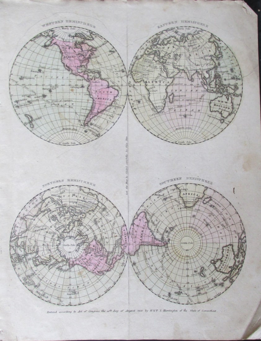 Map of All World Hemispheres 1830: Map of Western - Eastern - Southern and Northern Hemisphers - It's Islands and Coasts Hand Colored Map. Mercator Maps. Cartographer: E. Huntington Publisher