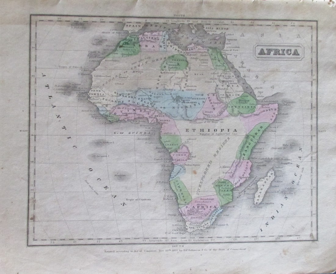 Early Map of Africa 1829: Map of Africa Hand Colored Map. Cartographer: E. Huntington Publisher D. F. Robinson Dated: 1829 Dimensions: 11 x 8" Condition Rep