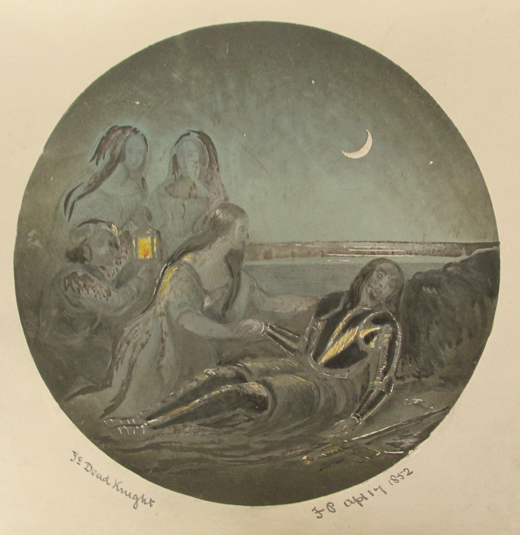 Ye Dead Knight - Original Illustration 1852: Ye Dead Knight Poetry/Text on verso. Artist: JP Medium: Mixed Media Date: April 1852 Signed: JP Size: 7 1/2 x 10 3/4"