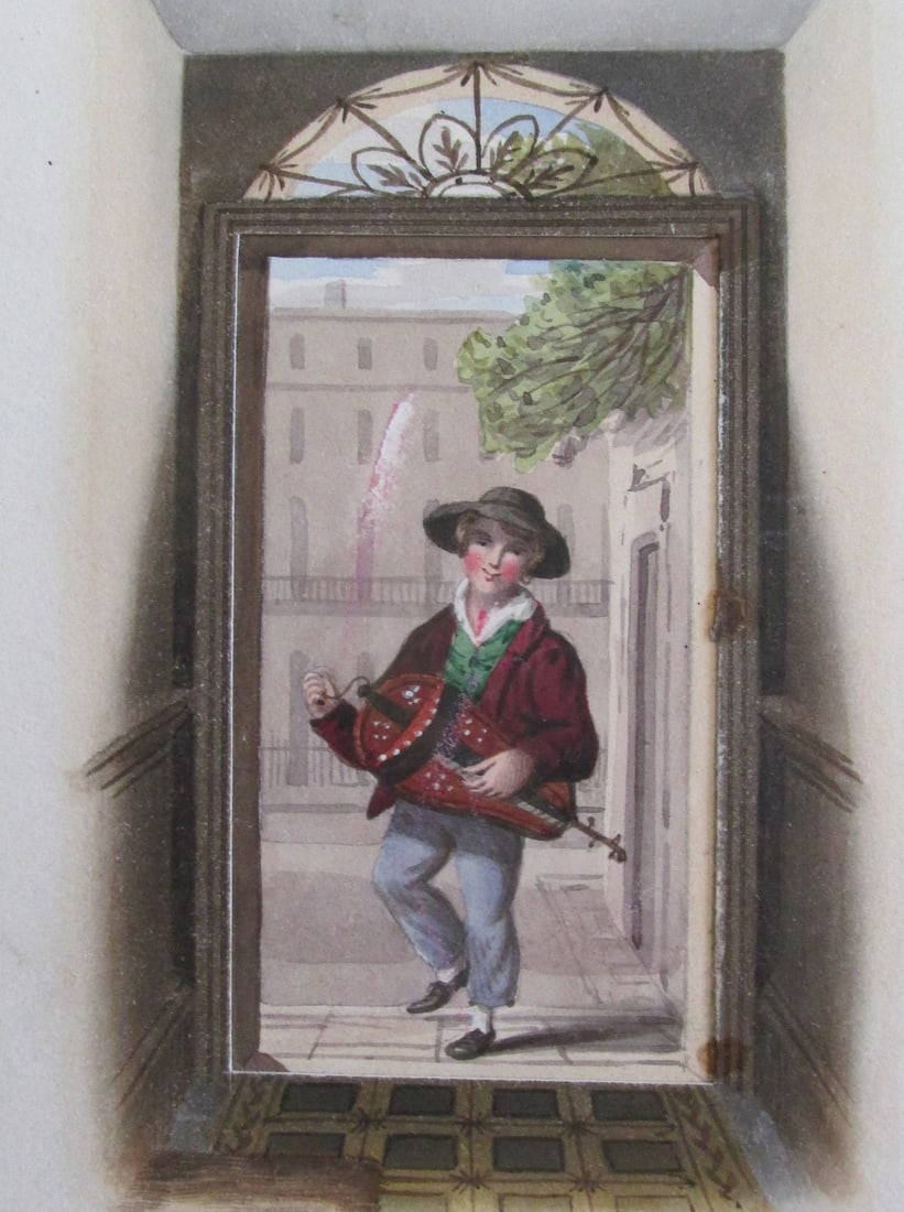 Arrival From Foreign Parts - Double Unusual: Arrival From Foreign Parts - Musician In Doorway Very unusual watercolor. Doorway painted on top card and Musician on lower secondary paper. A beautiful presented optical ill