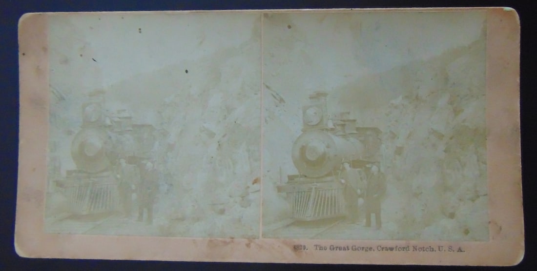 The Great Gorge Locomotive - Crawford Notch: The Great Gorge Locomotive - Crawford Notch Photographer: Kilburn Brothers Dated: Circa 1880 - 1890's Subject: 19th century City Views Medium: Stereoview Dimensions: 7 x 3 1/2" Provenance: Hill