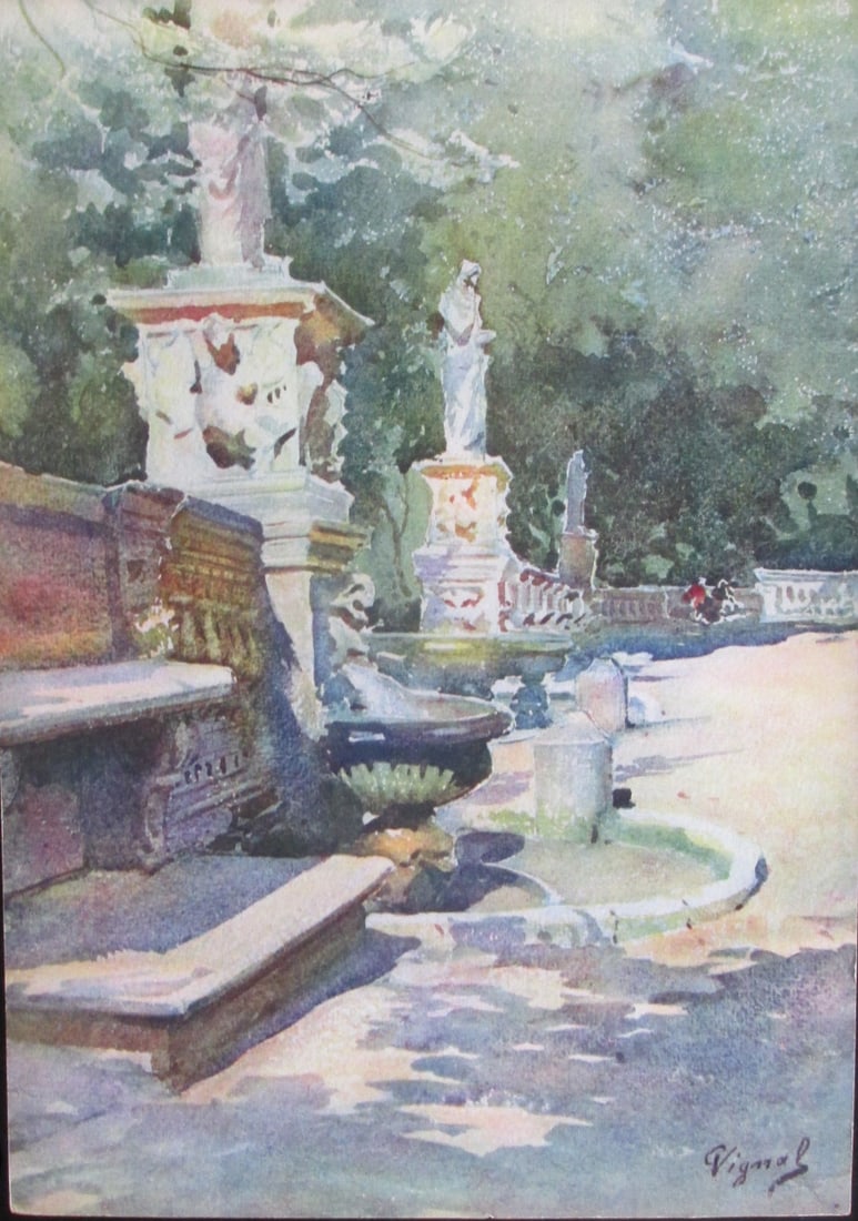 Gardens of the Villa Borghese - Pierre Vignal: Gardens of the Villa Borghese From Water Color Renderings Gardens of Rome - Pierre Vignal Portfolio Artist: After Pierre Vignal 1855 - 1925 Print Type: Colo