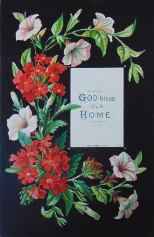 God Bless Our Home: God Bless Our Home Dated: 19th century Type Chromolithograph Size: 7 x 4.5' Condition Report Very Good Subject References: 224F Christianity Religion Sayings Bible Biblical Victorian