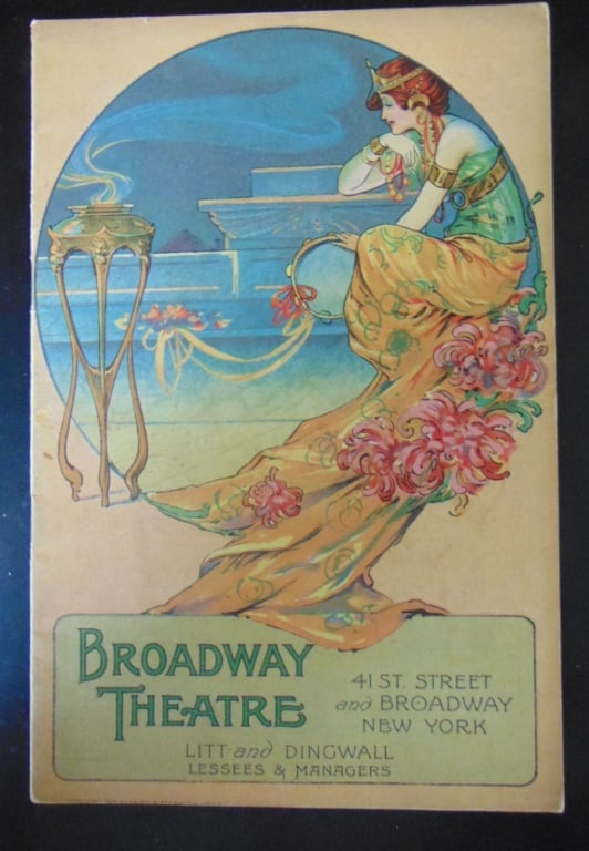 Broadway Theatre 1908 with August Hutaf verso: Broadway Theatre Anna Held in The Parisian Model. The Illustration on the verso is by August Hutaf. August "Gus" William Hutaf (1874-1942) was a multifaceted American artist during the 1900s. While b