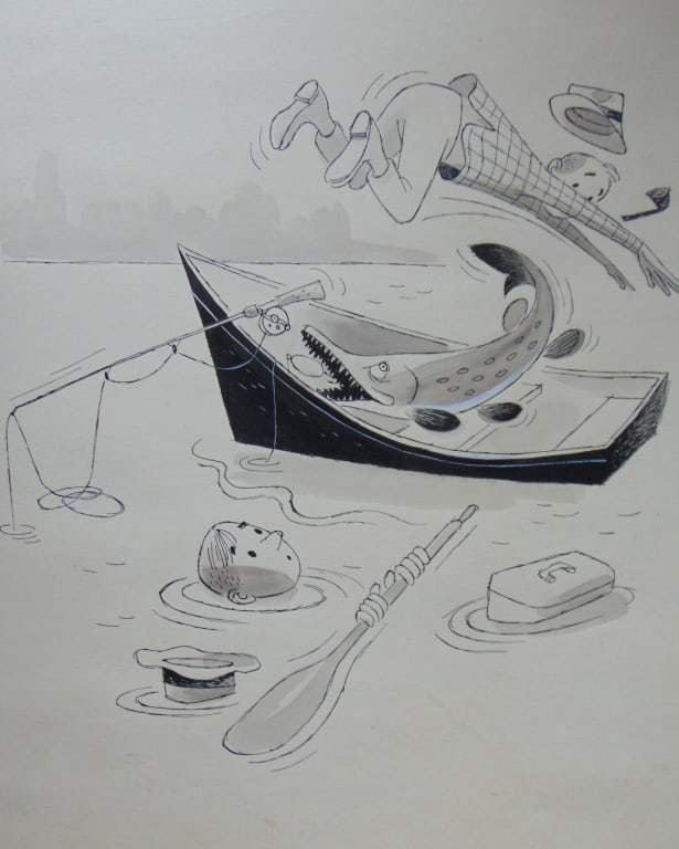 Albert Aquino (American) Out of the Boat: Out of the Boat Noted Children's book Illustrator and Humpty Dumpty Magazine. Also contributed to numerous magazines such as Field and Stream of the period and did advertisement