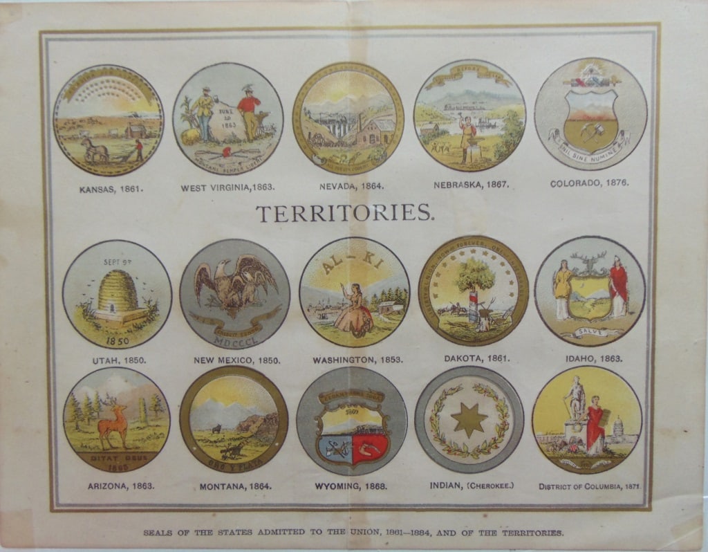 Seals of the States 1861 - 1864 & Territories: Seals of the States Admitted to the Union 1861 - 1864 & Territories (Civil War) Comprised of 15 color seals. States and Territories Date: C1864 Dimensions: 9 x 7" Condition Report: Crease center