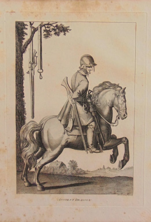 Ancient Dragoon: .Ancient Dragoon Wonderful impression and detail. Rare Artist: N.C Goodnight Print Type: Copper Engraving Date: 18th century Origin: