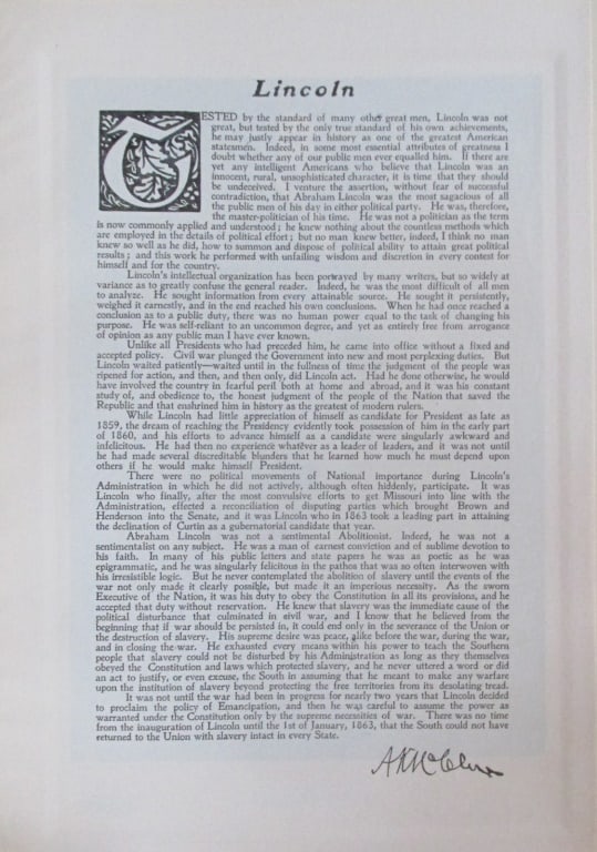 Tribute to President Abraham Lincoln: Tribute to President Abraham Lincoln Print Type: Photogravure Signed: Signed in plate Date: 1907 Publisher: Bureau of National Literature & Art Dimensions: 14 x 9 3/4" Subject: American President 