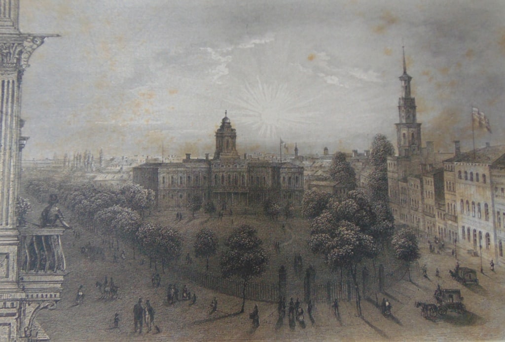Park and City Hall in New York: Park and City Hall in New York Rare Print Type: Copper Engraving Date: Circa 1850 Publisher: Hermann J Meyer Origin: American Dimensions: 11 x 7" Subject