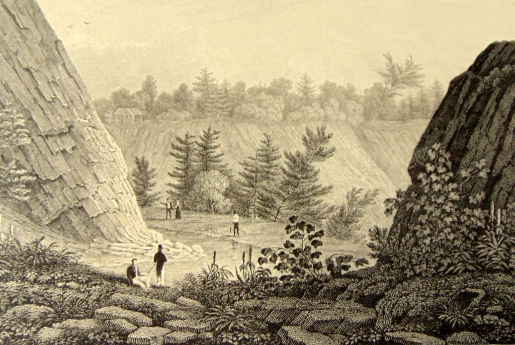 Source of the Passaic Falls (New Jersey): Source of the Passaic Falls (New Jersey) With 2 corner vignettes - Battle Near Princeton 1777 and American Troops Wintering at Valley Forge. Decorated Borders on sides and bottom. Print Type: