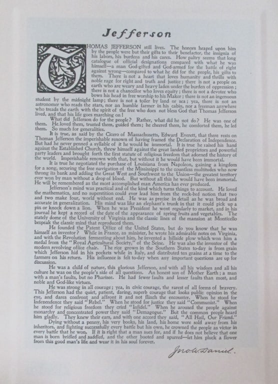 Tribute to President Thomas Jefferson: Tribute to President Thomas Jefferson Print Type: Photogravure Signed: Signed in plate Date: 1907 Publisher: Bureau of National Literature & Ar