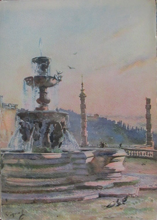 Frascati - Villa Mondragone - Pierre Vignal: Frascati - Fountain of Paul V in the Villa Mondragone From Water Color Renderings Gardens of Rome - Pierre Vignal Portfolio Artist: After Pierre Vignal 1855 - 1925</