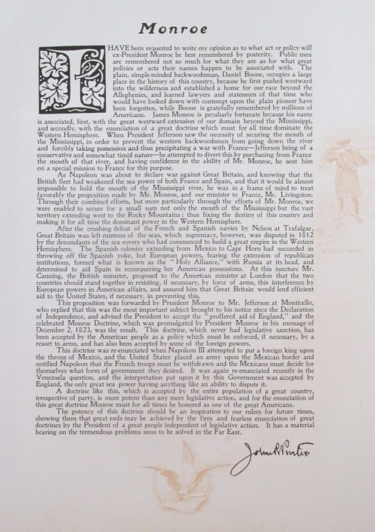 Tribute To President James Monroe: Tribute To President James Monroe by John R. Procter - President Civil Service Commission Large Folio. With Color Side Remarks Print Type: Engraving Signed: