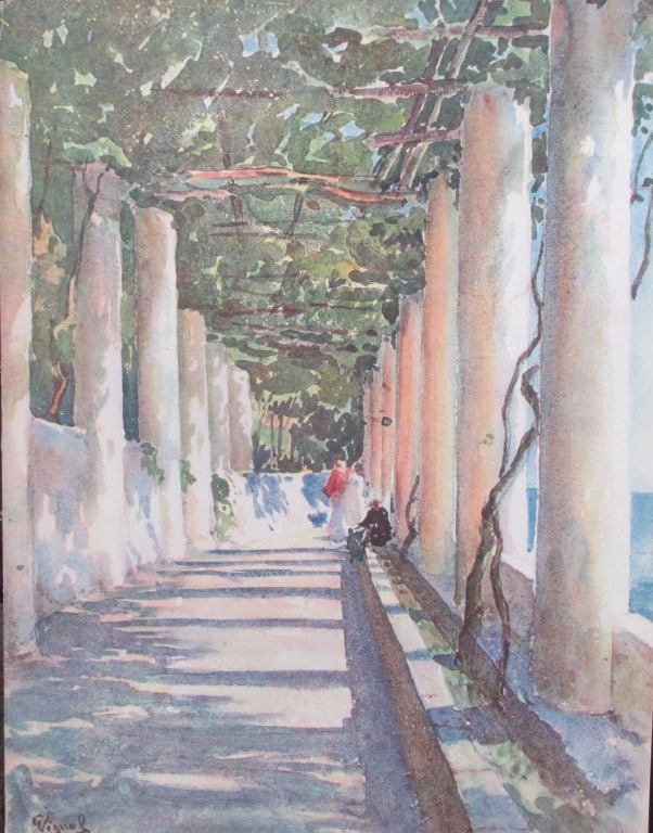 The Terrace At Amalfi - Pierre Vignal: The Terrace At Amalfi From Water Color Renderings of Naples, Italy of Pierre Vignal Portfolio Artist: After Pierre Vignal Print Type: Color Plate Si