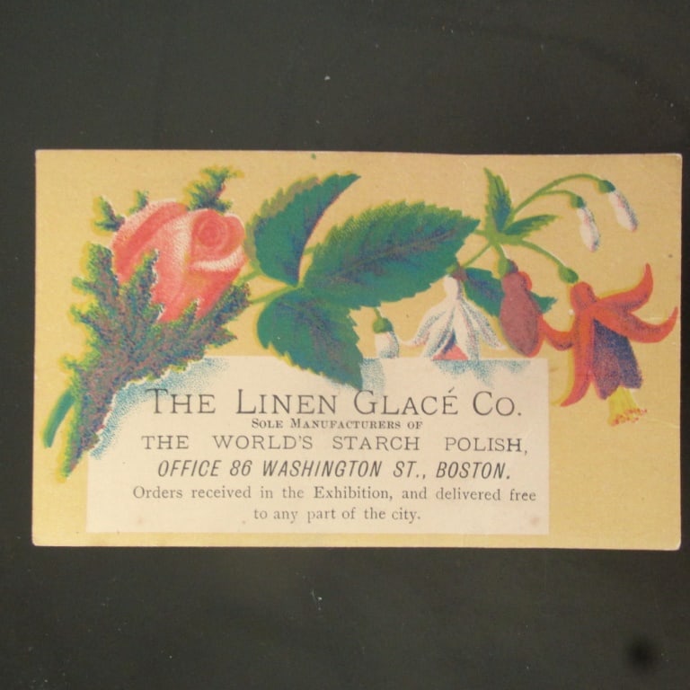 The Linen Glace Co - Boston Mass: The Linen Glace Co Trade Card Boston Massachusetts Print Type: Trade Card Date: Circa 1870 - Early 80's Dimensions: 2 1/2 x 3 1/4" Provenance: Hill House Condition Report: Very Good plus Subject
