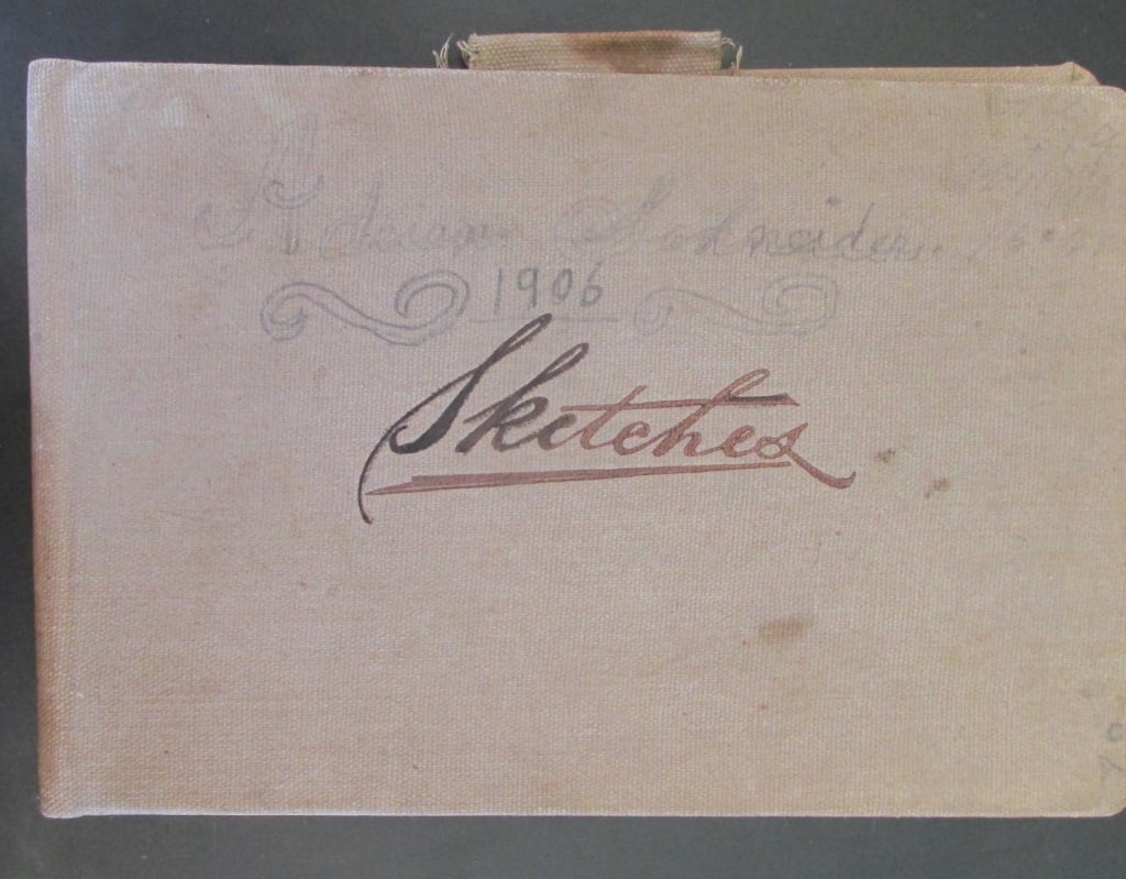 Art Sketch Book of Adiran Schneider 1906: Art Sketch Book of Adiran Schneider 1906 A hardcover oblong sketchbook containing 19 drawings and sketches. The majority by Adiran. A few by other members of their family. A rare book with