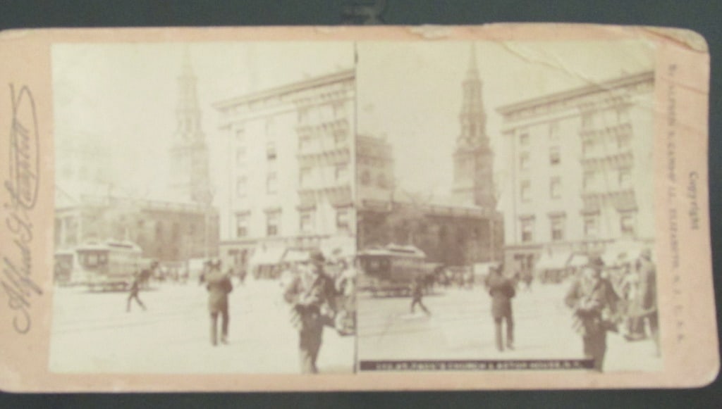 St. Paul's Church & Astor House New York City: St. Paul's Church & Astor House New York City Rare Photographer: Alfred S. Campbell Dated: 1880 Medium: Stereoview Provenance: Hill House