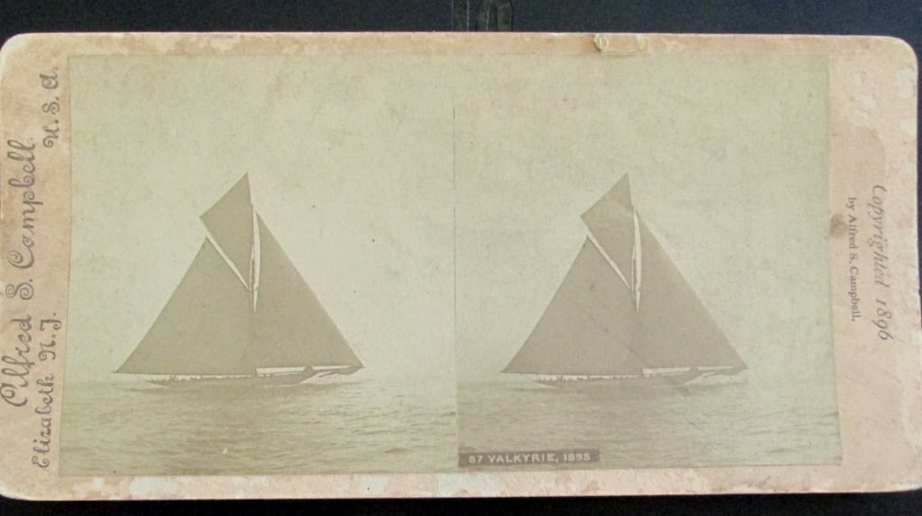 Valkyrie (America's Cup) New York Harbour: Valkyrie (America's Cup) New York Harbour Text on verso. The Valkyrie III, the British challenger in the 1895 America's Cup, holds a particularly significant and controversial