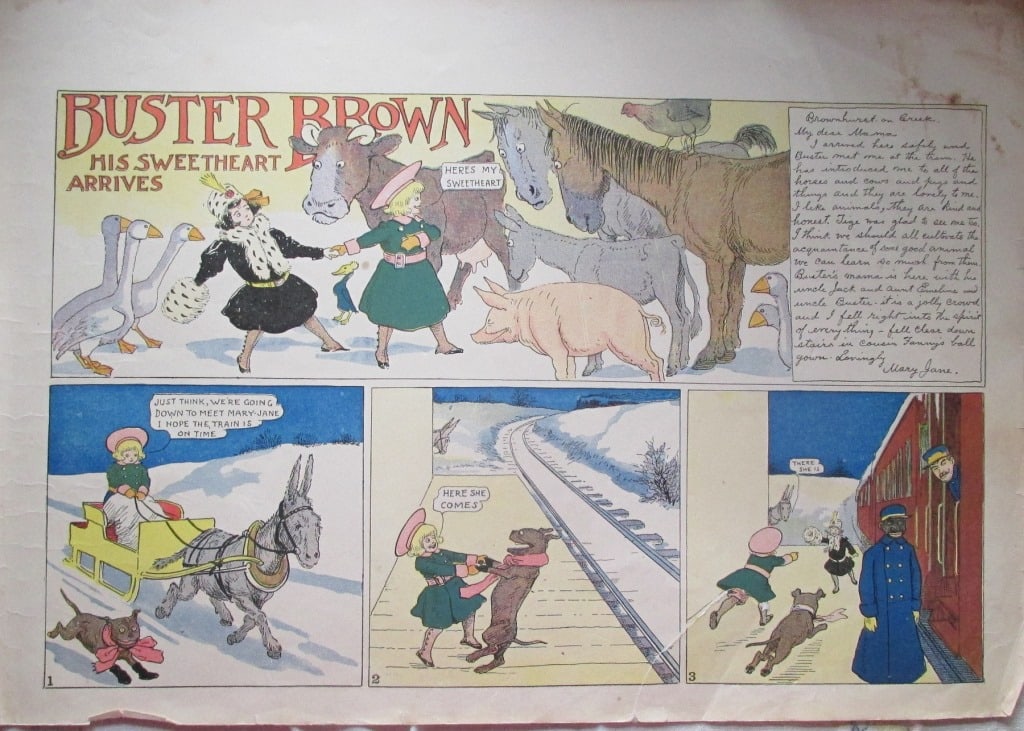 Buster Brown - His Sweetheart Arrives: Buster Brown - His Sweetheart Arrives Story in presented in blocks consisting of 2 pages. Verso is blank. Printed on stiffer paper (Not newspaper). Possibly tear sheets. Sc